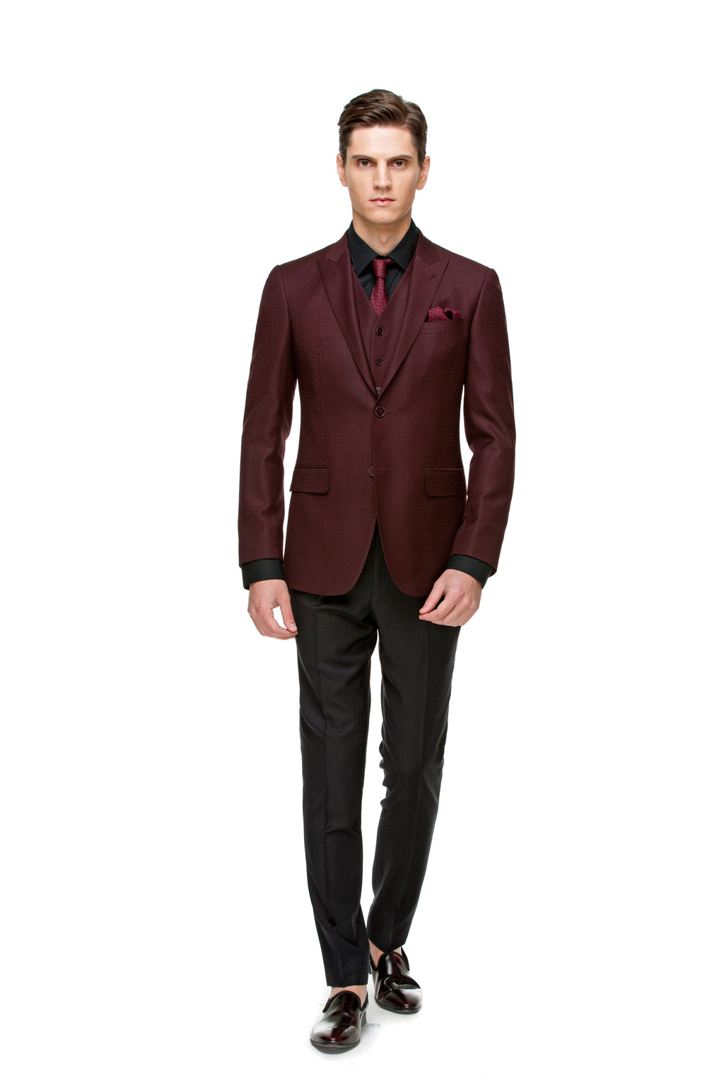 Custom Burgundy & Black Suit ottotos 3 pcs